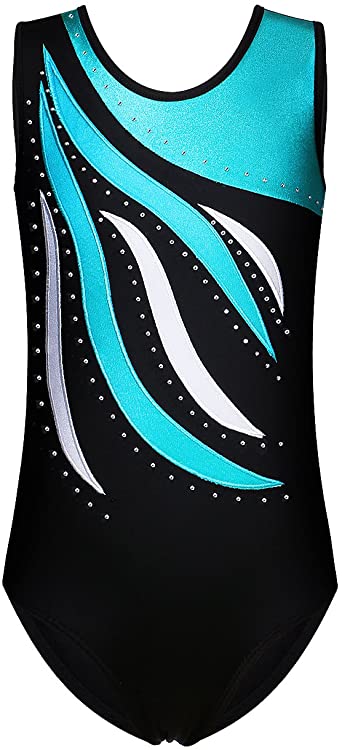 Leotards Girls Gymnastics Embroidery Shiny Aqua Rose